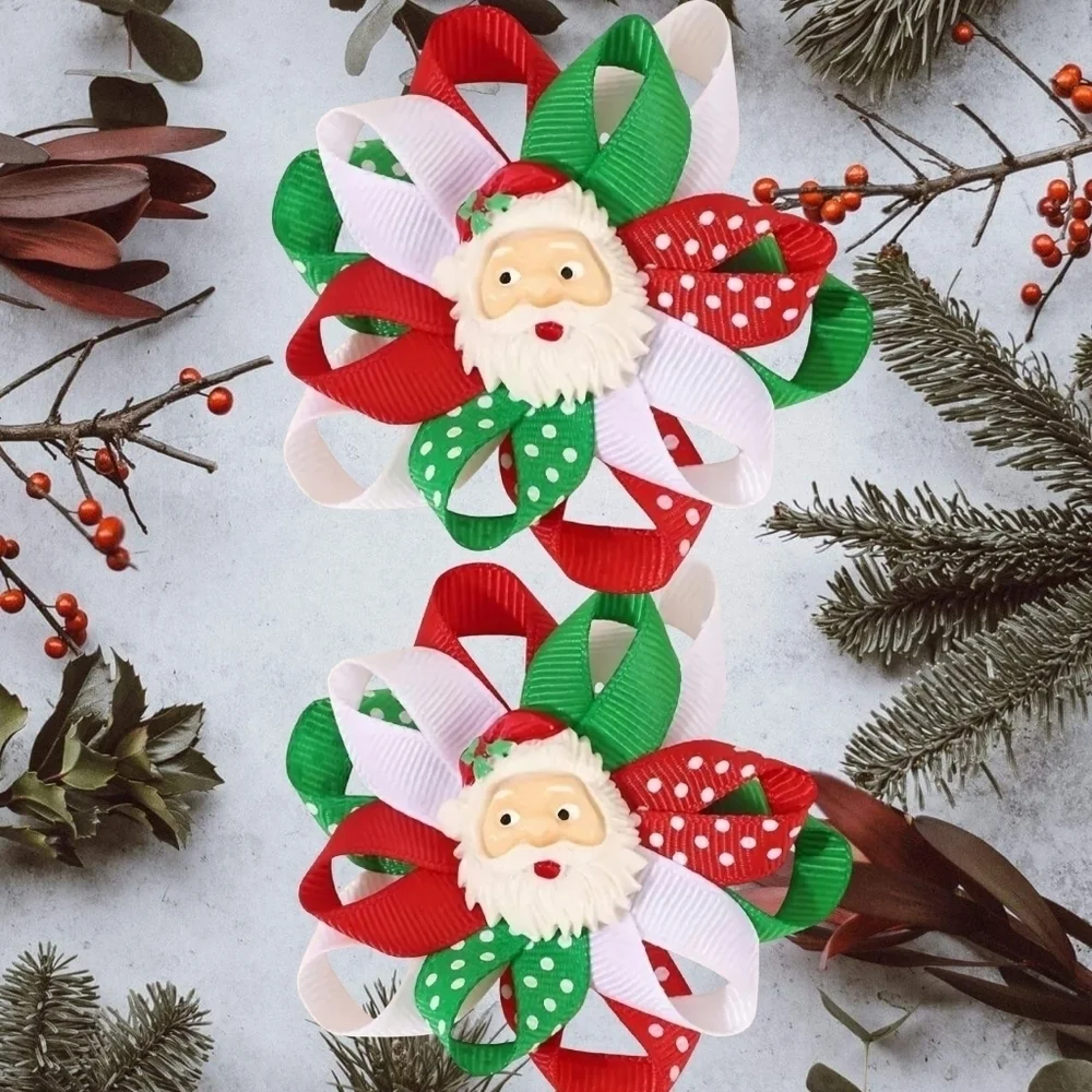 SET OF 2 Christmas Hair Bow Clips w/ SANTA CLAUS